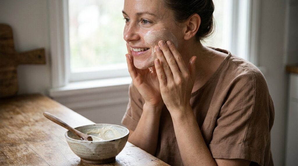A woman gently massaging a homemade facial mask onto her clean glowing skin with a small bowl of the Vaseline and baking