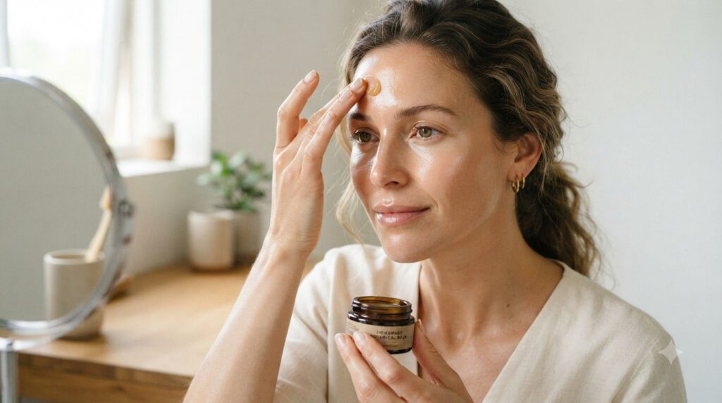 A woman with clean skin gently applying a small amount of the homemade balm to her forehead or around her eyes with a se