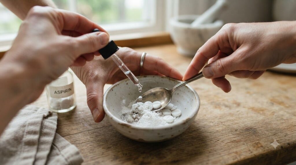 Close-up of hands crushing uncoated aspirin tablets into a fine powder in a small ceramic bowl using the back of a spoon