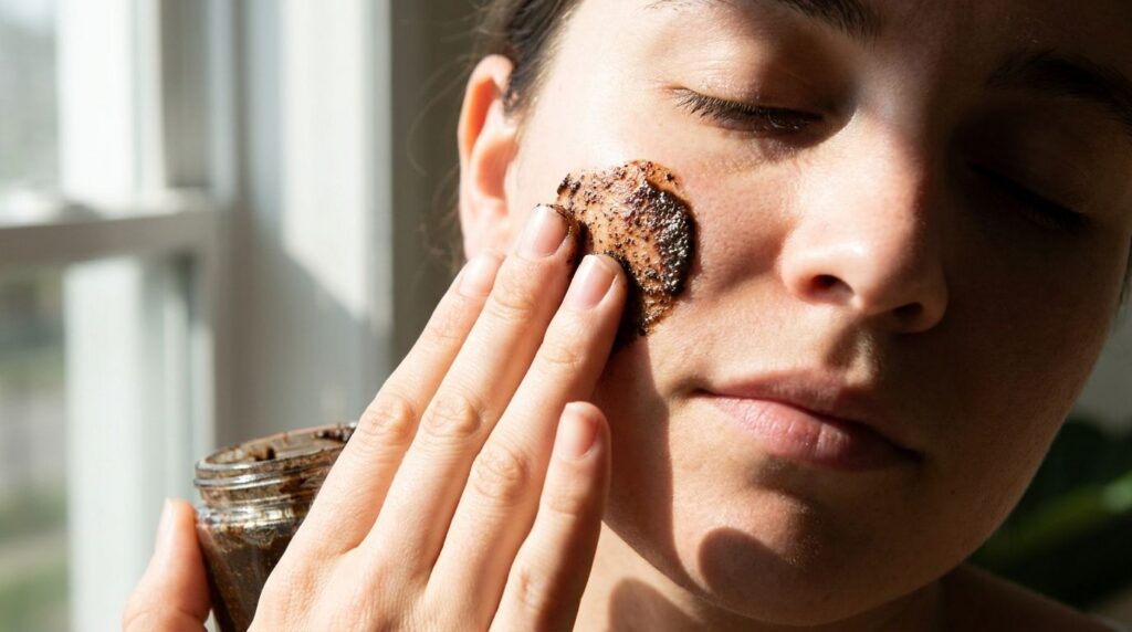 A person s hand applying a coffee and Vaseline mixture to their cheek showing the creamy texture of the mask on their sk