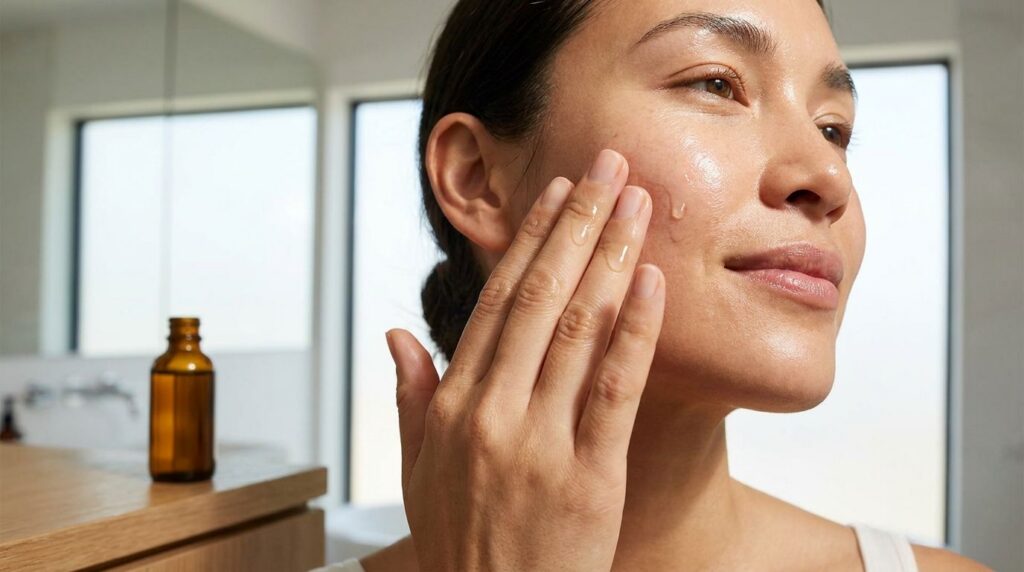 A person gently applying a clear gel or oil to their face with soft glowing skin visible The scene is bright and highlig