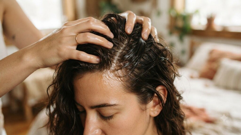A person gently massaging the homemade onion castor oil and fenugreek hair blend into their scalp