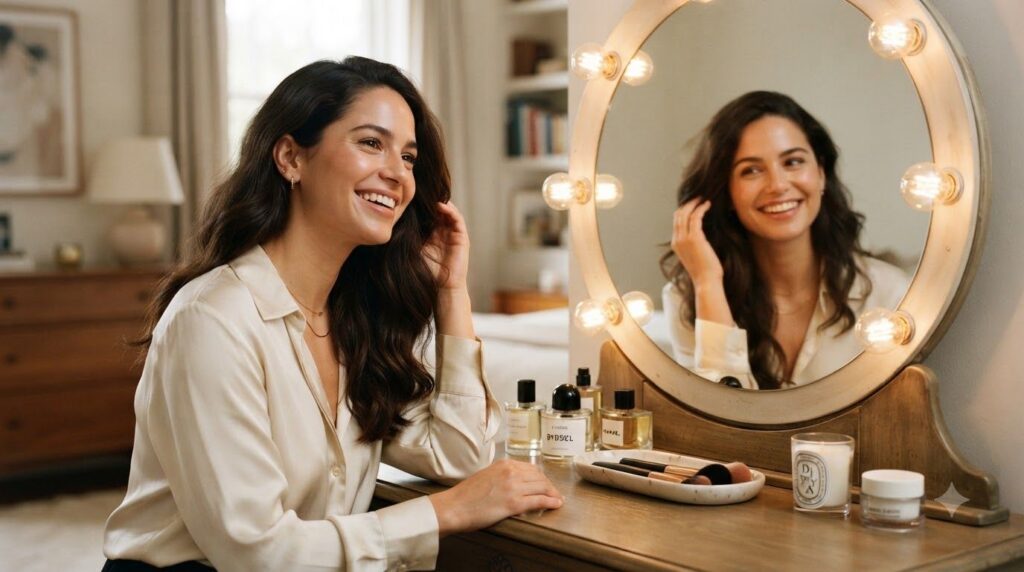 A woman admiring her shiny healthy-looking hair in a mirror after using a natural hair remedy