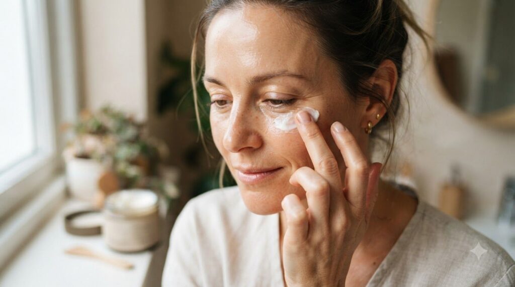 A close-up of a person gently applying a homemade cream to their face specifically targeting fine lines around the eyes 