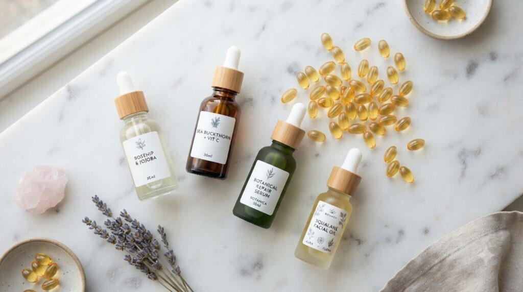 Various types of natural facial oils in elegant glass bottles with a few Vitamin E capsules scattered nearby on a clean 