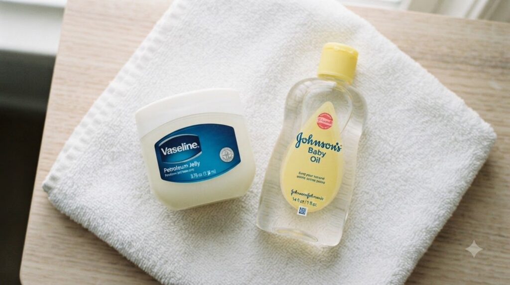 A close-up of a jar of Vaseline Petroleum Jelly and a bottle of baby oil on a clean soft towel ready for a skincare rout
