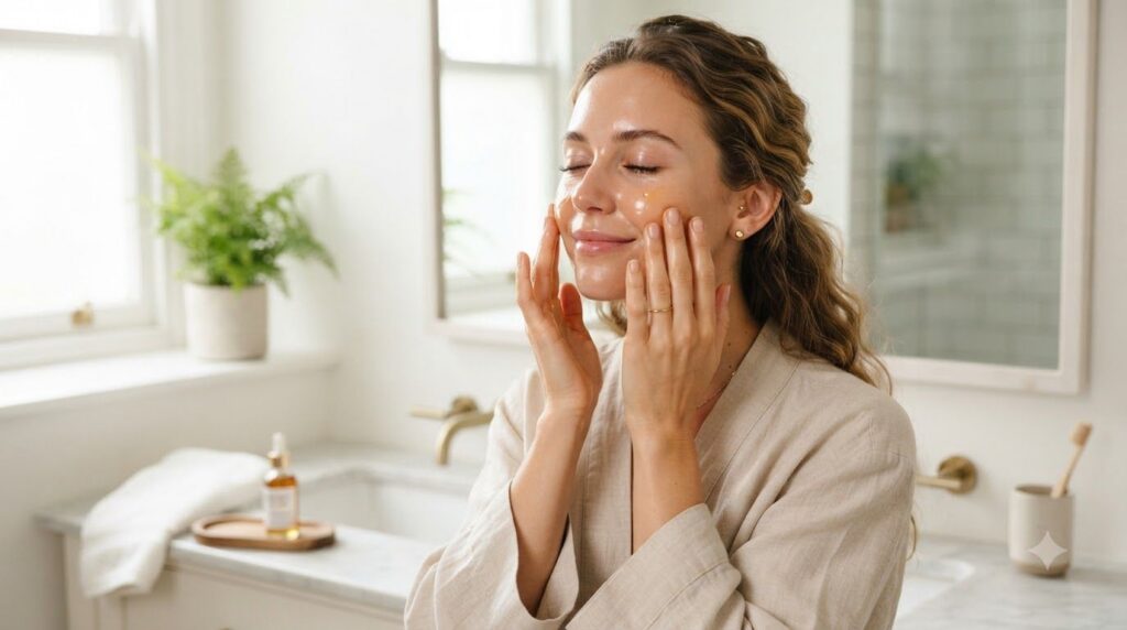 A woman gently massaging a blended facial oil onto her clean face showing a soft glowing complexion