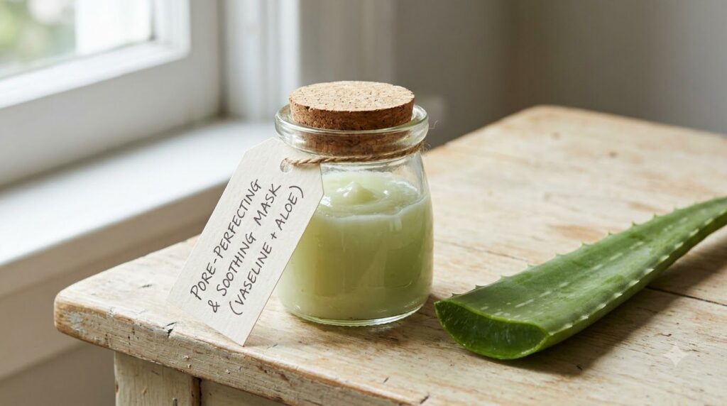 Small jar of homemade pore-perfecting and soothing mask with Vaseline and aloe vera gel with an aloe leaf in the backgro