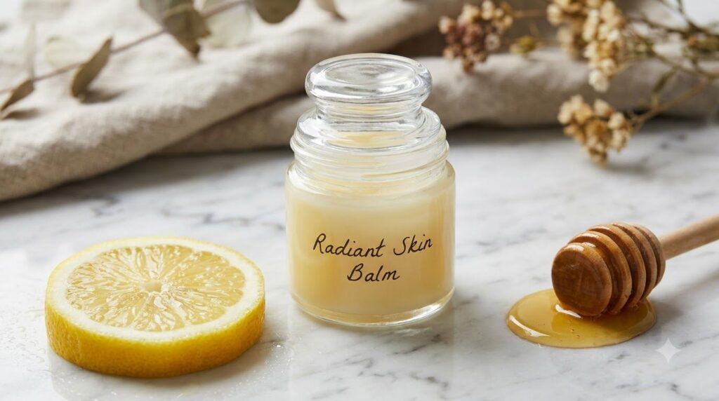 Small jar of homemade radiant skin brightening balm made with Vaseline lemon and honey with a fresh lemon slice nearby