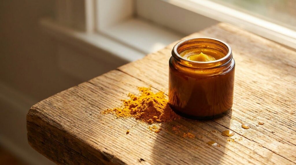 Small jar of homemade dark spot fading treatment with Vaseline turmeric and almond oil with a pinch of turmeric powder