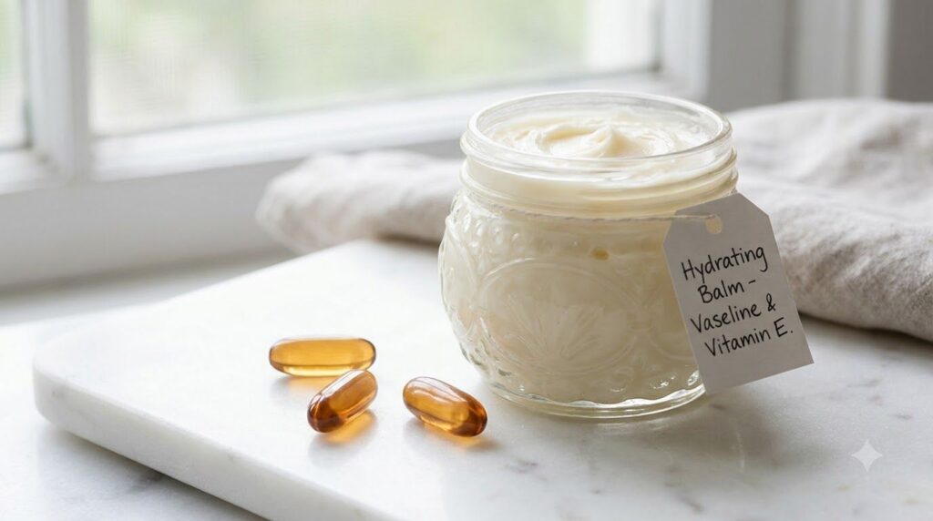 Small jar of homemade hydrating anti-aging boost with Vaseline and Vitamin E oil with a Vitamin E capsule nearby