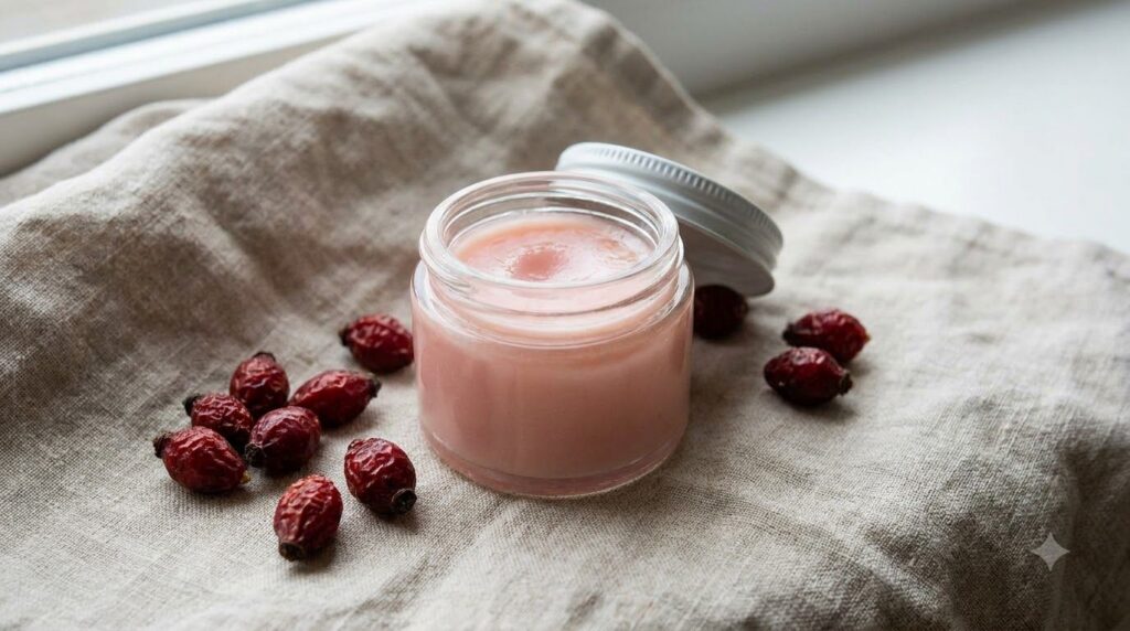 Small jar of homemade overnight moisture lock balm with Vaseline and rosehip oil with dried rosehips nearby