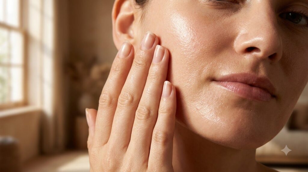 A woman s hand gently touching her smooth glowing cheek after removing a face mask with a soft warm light emphasizing he