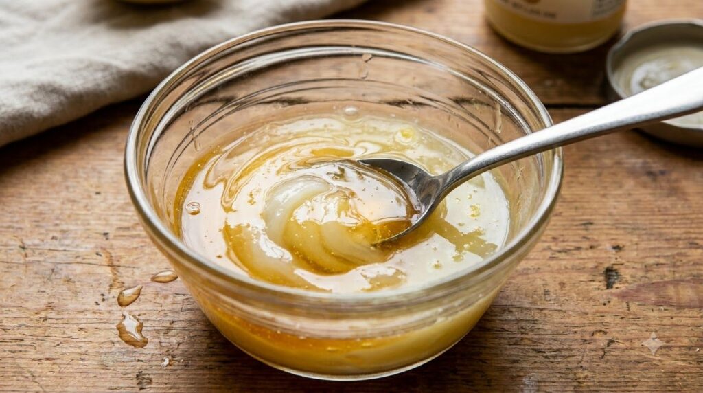 Close-up of a DIY anti-aging mask being mixed in a bowl with a spoon stirring a golden mixture of Vaseline honey and a s