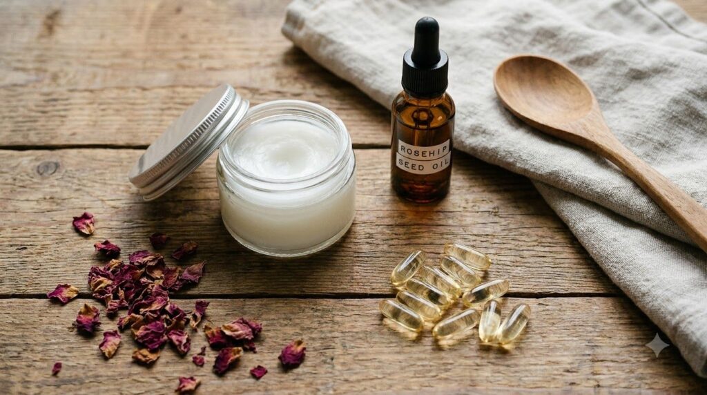 Ingredients for DIY Vaseline collagen gel laid out a jar of Vaseline a small bottle of rosehip oil and vitamin E capsule