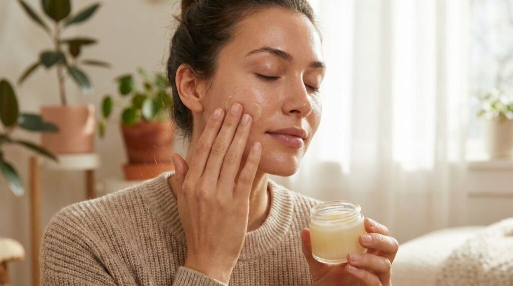 A woman gently massaging a small amount of the DIY Vaseline collagen gel onto her cheek emphasizing gentle application
