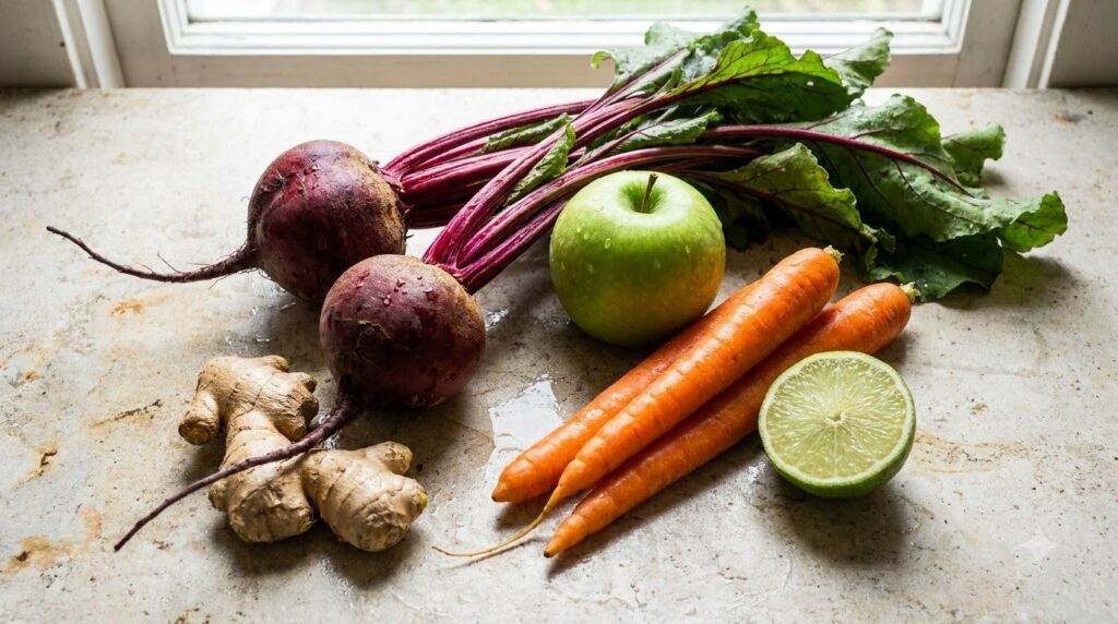 Fresh ingredients for the detox juice whole beets carrots a green apple ginger root and a lime neatly arranged on a clea