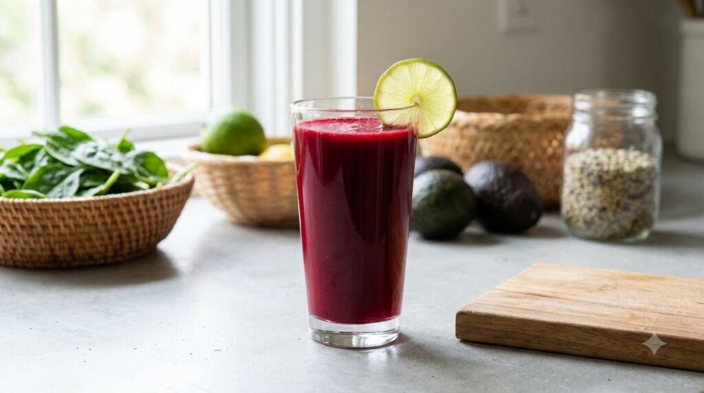 A glass of vibrant red detox juice with fresh ingredients like beets carrots and ginger on a kitchen counter ready to be