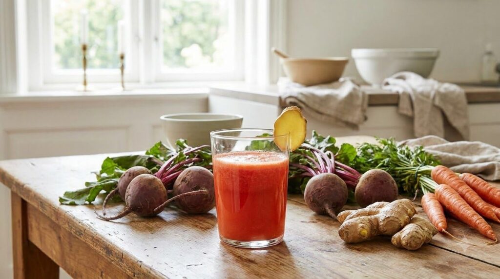 A vibrant red-orange detox juice in a glass with fresh beets carrots and ginger in the background on a wooden table in a