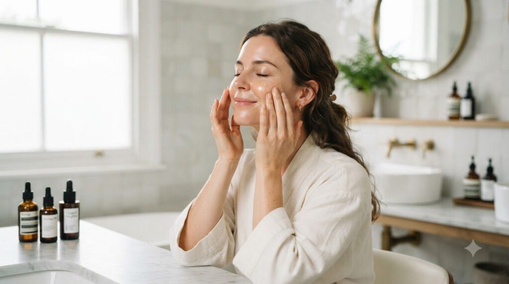 A woman gently massaging a few drops of facial oil into her cheek with her fingertips her eyes closed in relaxation agai