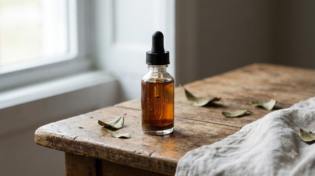 A small glass dropper bottle filled with a golden facial oil mixture with some fine sediment visible at the bottom place