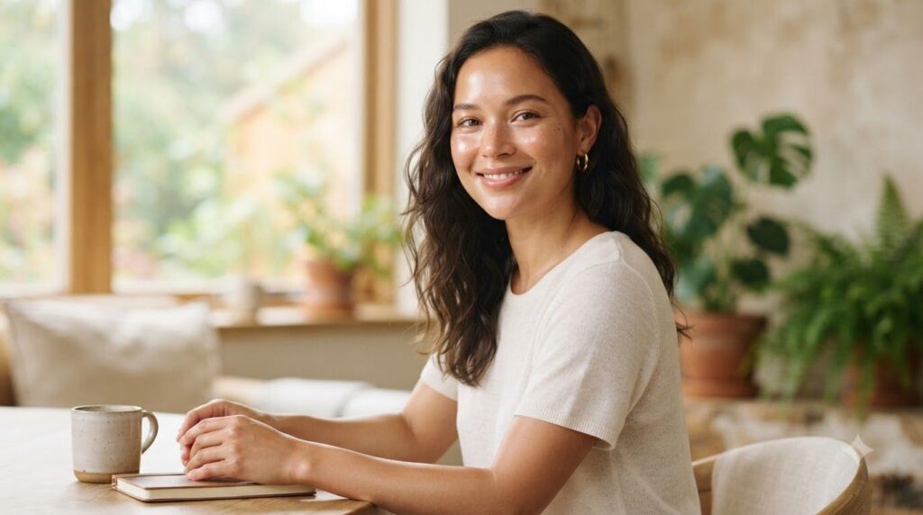 A woman with a glowing radiant complexion smiling softly after using a face mask highlighting healthy and hydrated skin