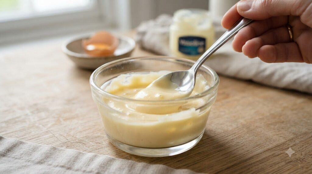 A close-up of a small bowl where Vaseline and egg yolk are being mixed together with a spoon to form a smooth pale yello