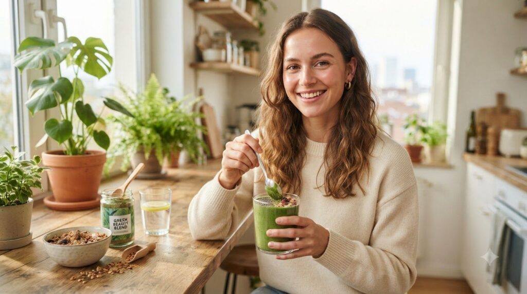 A woman smiling and holding a glass smoothie with a spoon of green beauty powder mixed in The scene is bright and natura