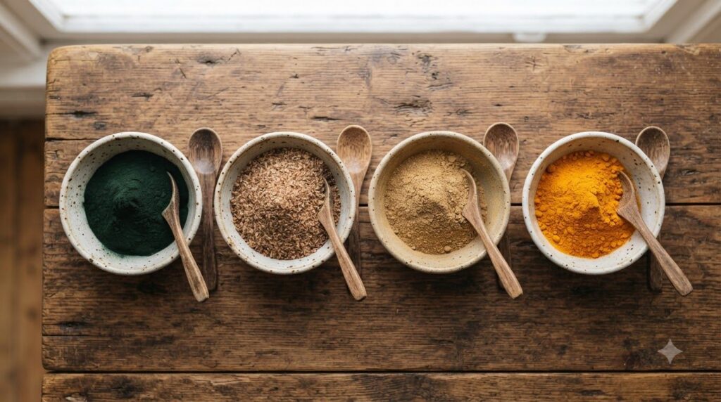 A flat lay of the four main ingredients spirulina powder flaxseed meal amla powder and turmeric powder each in a small r