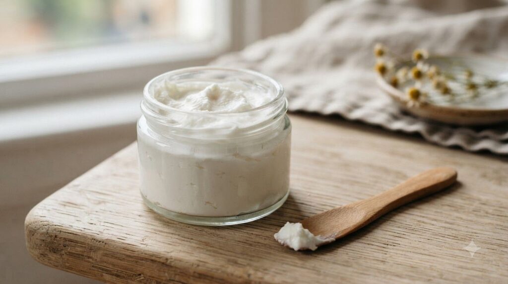 A close-up of a small glass jar filled with the freshly made fluffy white natural cream with a small spatula beside it