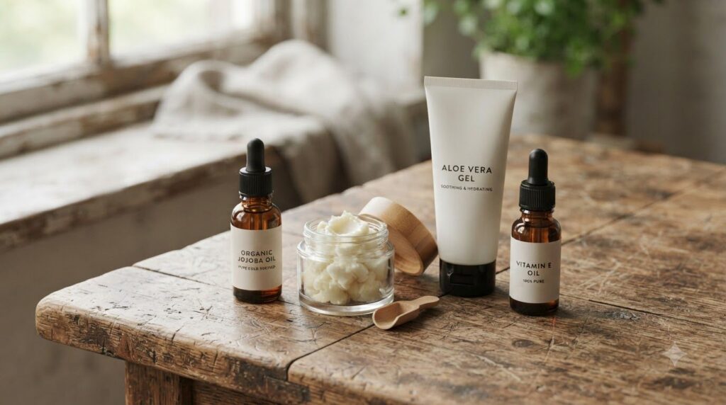 Small glass jar of shea butter a bottle of jojoba oil a tube of aloe vera gel and a bottle of vitamin E oil arranged on 