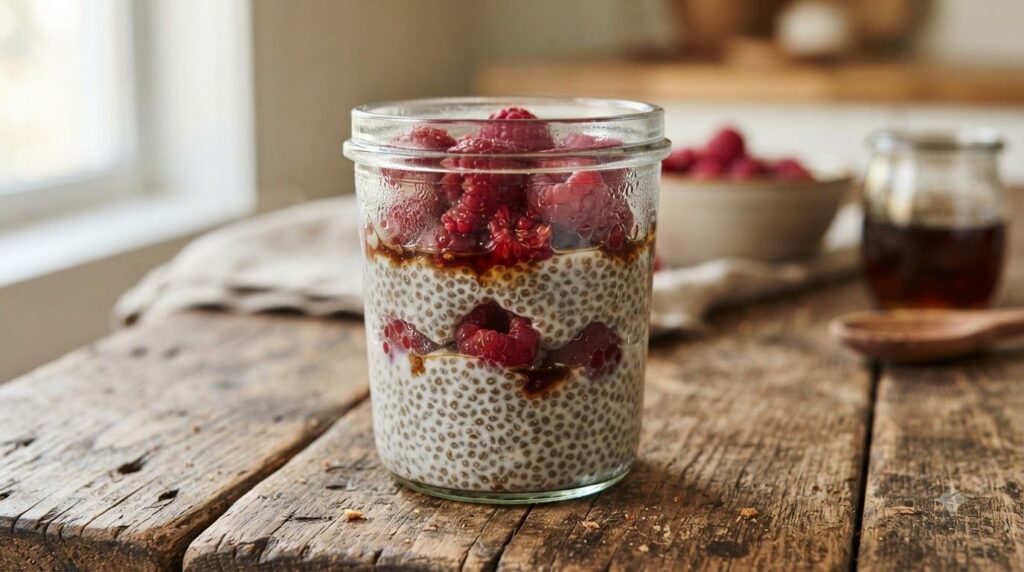 A close-up shot of a glass jar filled with raspberry chia pudding ingredients before chilling showing the milk chia seed