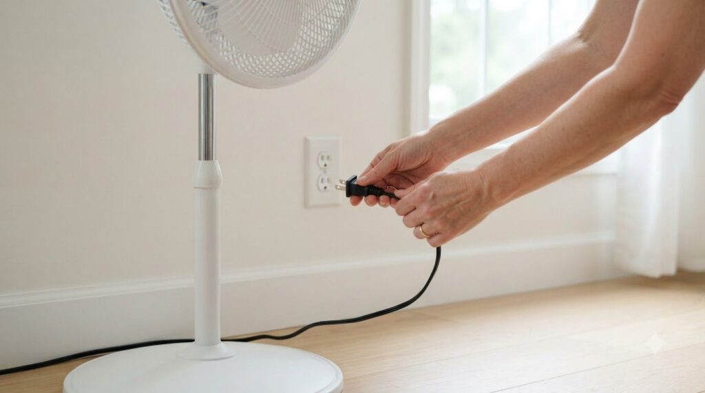 A pair of hands unplugging an electric fan from a wall socket before cleaning emphasizing safety