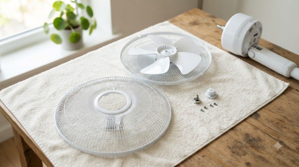 Clean disassembled fan blades and grilles drying on a towel after being washed emphasizing the importance of complete dr