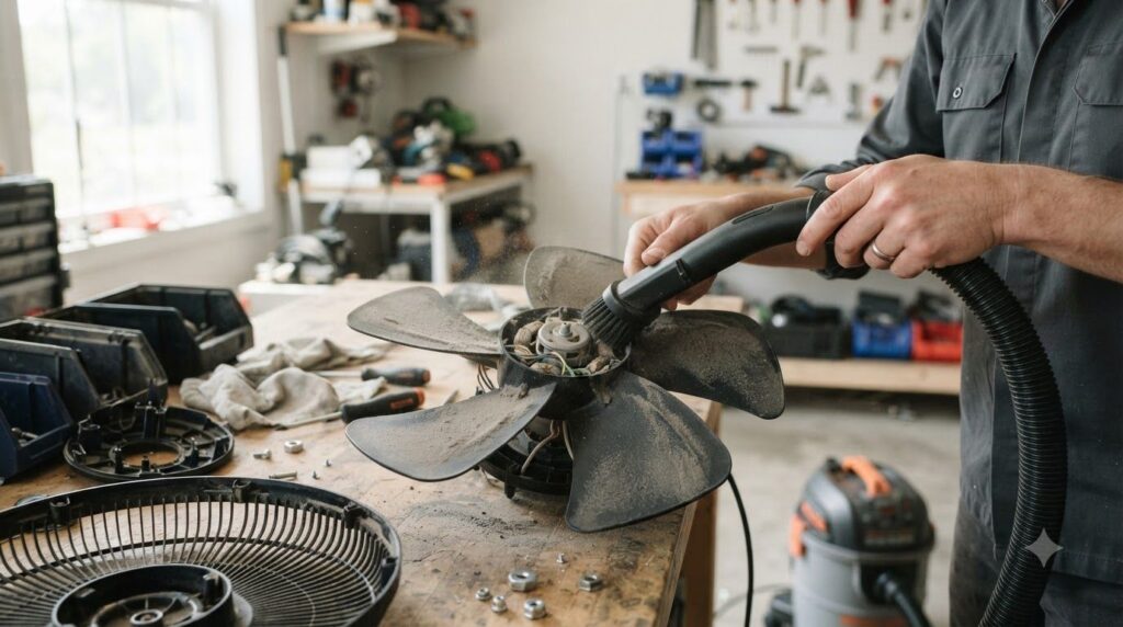 A person using a vacuum cleaner with a brush attachment to remove dust from the blades of a disassembled electric fan