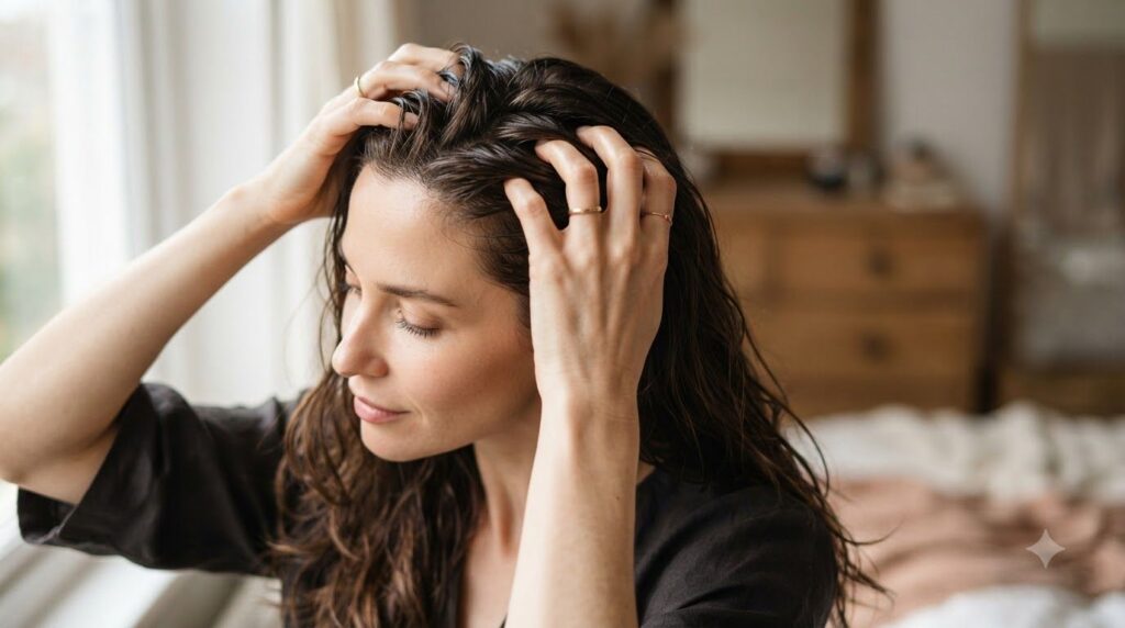A woman gently massaging her scalp with fingertips showing a close-up of her hands in her hair implying the application 