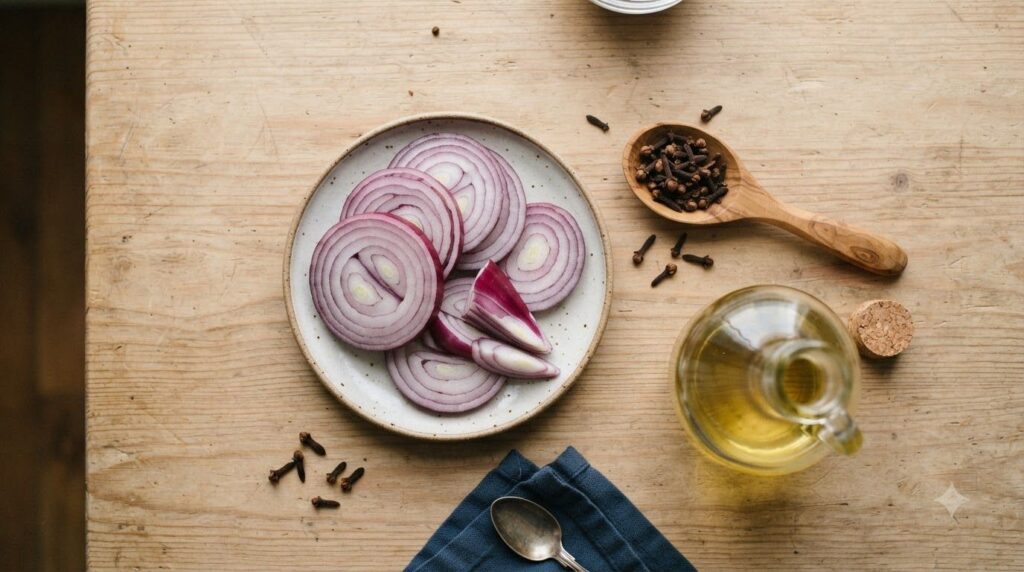 All the ingredients for the hair oil a red onion a spoonful of cloves and a bottle of coconut oil arranged neatly on a w