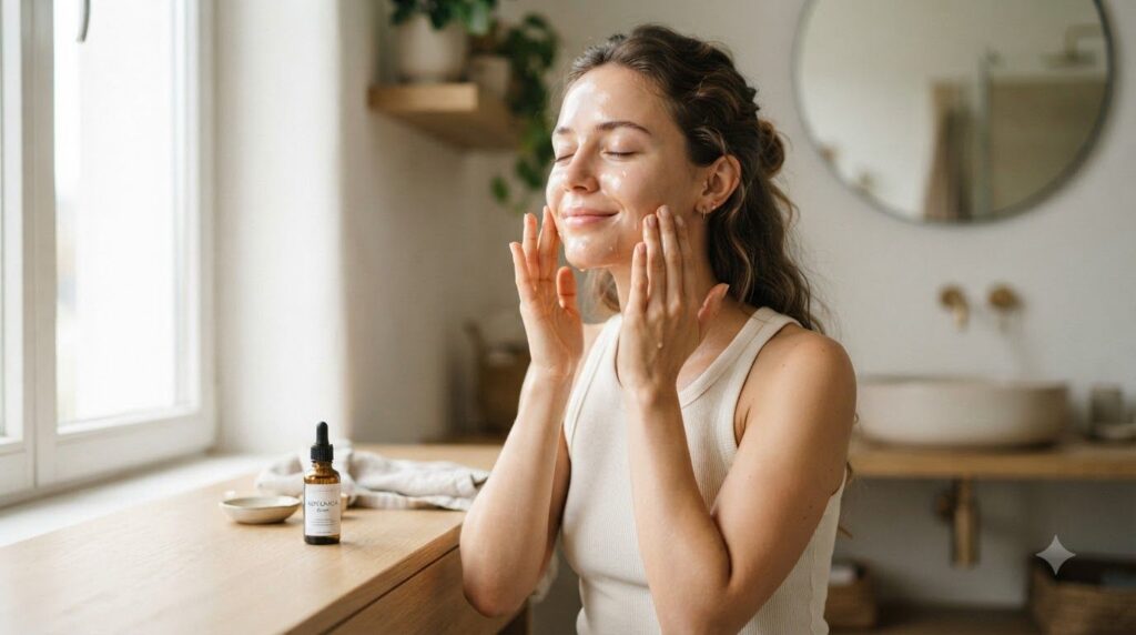 A woman gently massaging a few drops of facial oil onto her clean face looking serene and natural Her skin appears moist