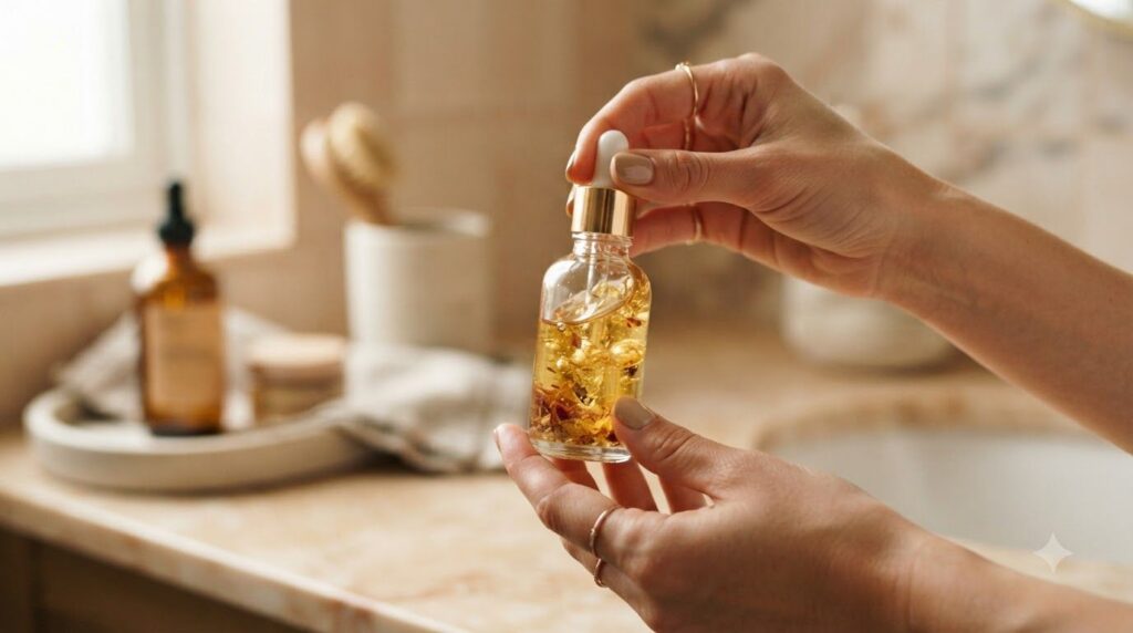Hands gently mixing or swirling a small clear glass bottle containing a golden facial oil blend The background is softly