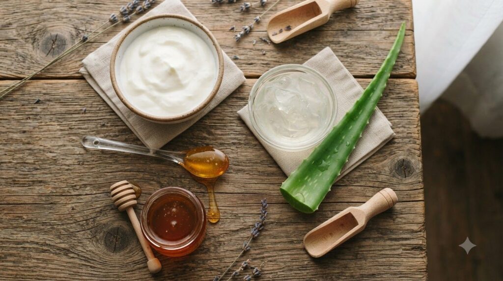 Ingredients for a natural brightening face mask a bowl of plain yogurt a spoon with raw honey and a fresh aloe vera leaf
