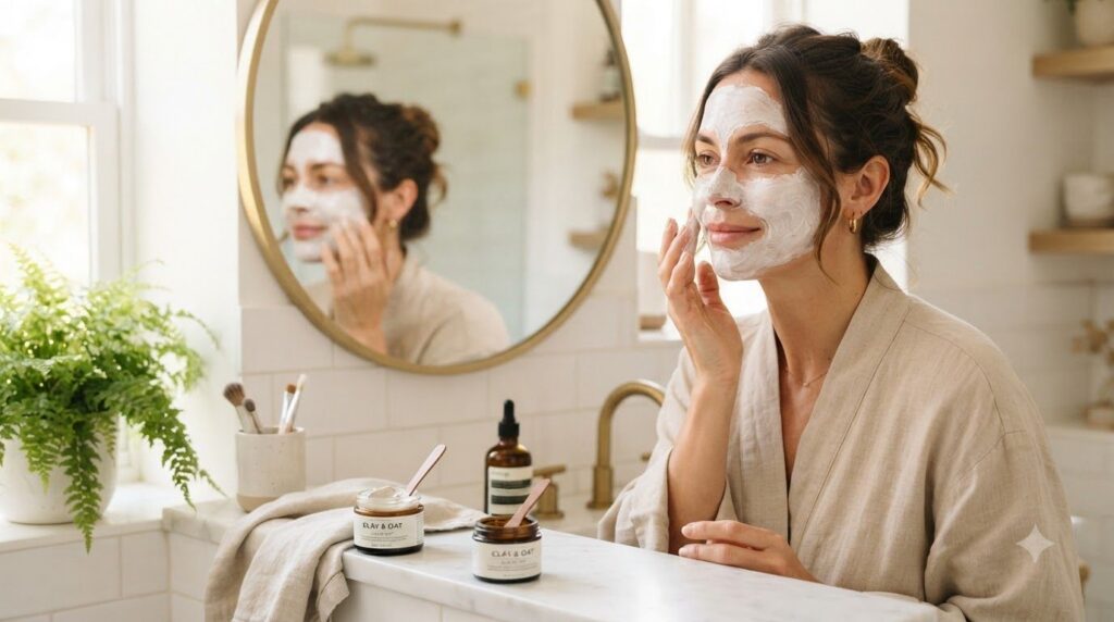 A woman gently applying a homemade face mask to her clean face in a bathroom with soft natural light