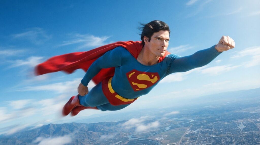 Christopher Reeve in his iconic Superman costume flying heroically through the sky against a bright blue sky