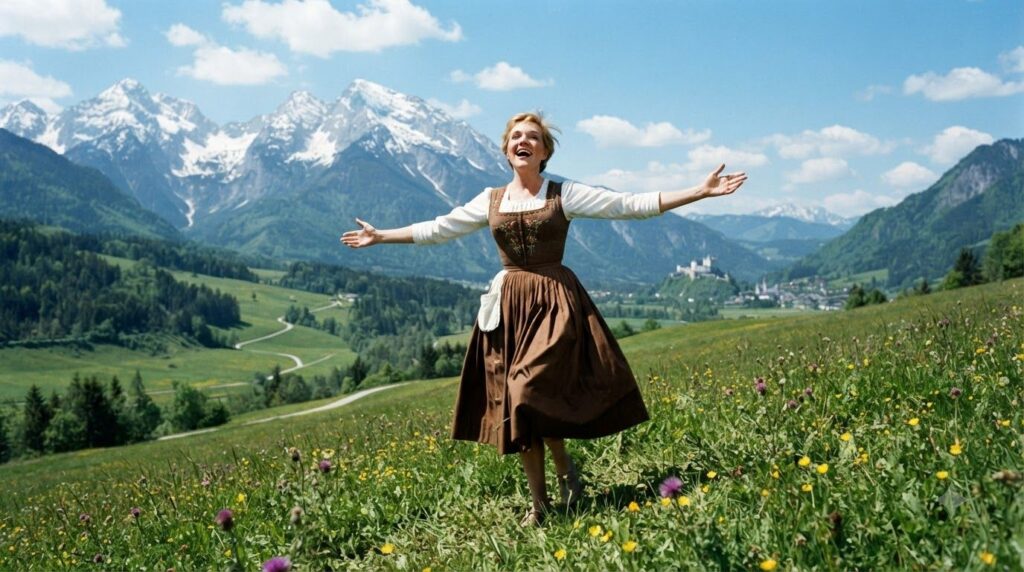 Julie Andrews as Maria in The Sound of Music singing joyfully in a field of green hills with the Austrian Alps in the ba
