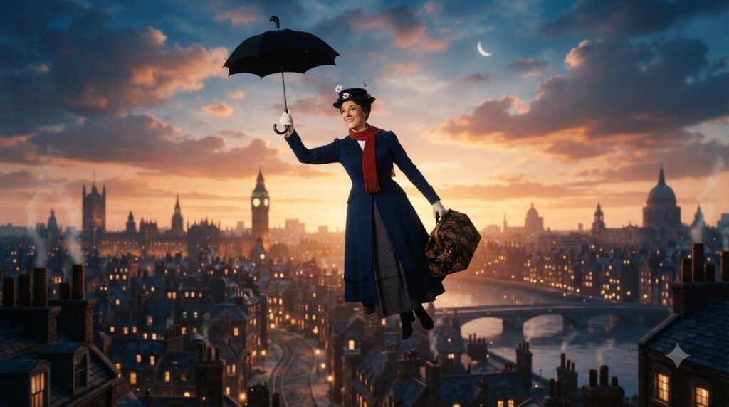 Julie Andrews as Mary Poppins holding an umbrella and flying over the London skyline in a whimsical and vibrant scene
