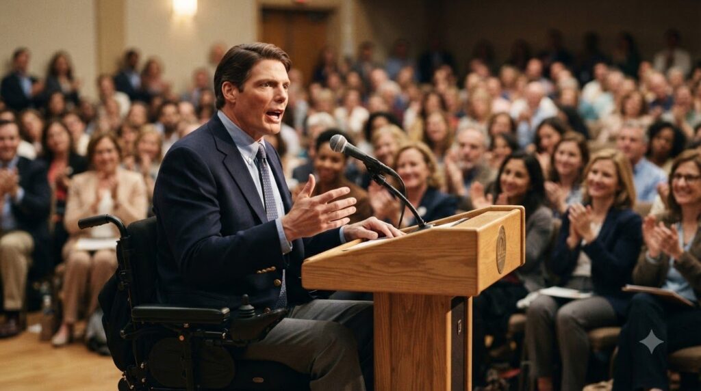 Christopher Reeve later in his life passionately advocating for spinal cord research and disability rights perhaps speak