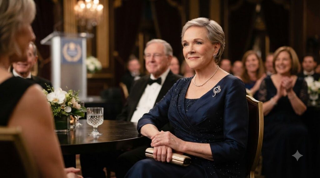 Dame Julie Andrews in her later career looking elegant and poised perhaps at an awards ceremony or a book signing