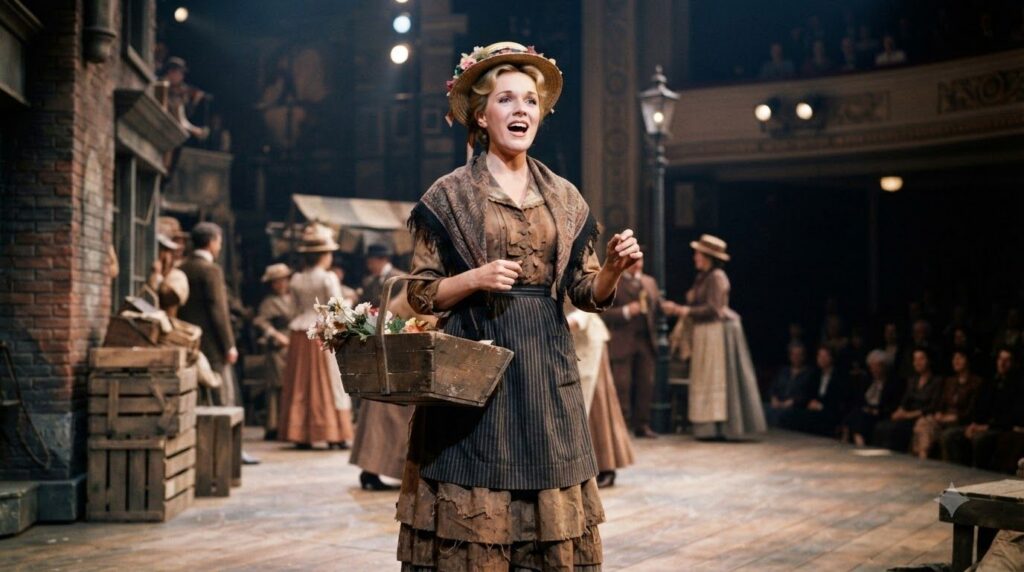 Young Julie Andrews on a Broadway stage perhaps as Eliza Doolittle in My Fair Lady wearing a period costume and singing