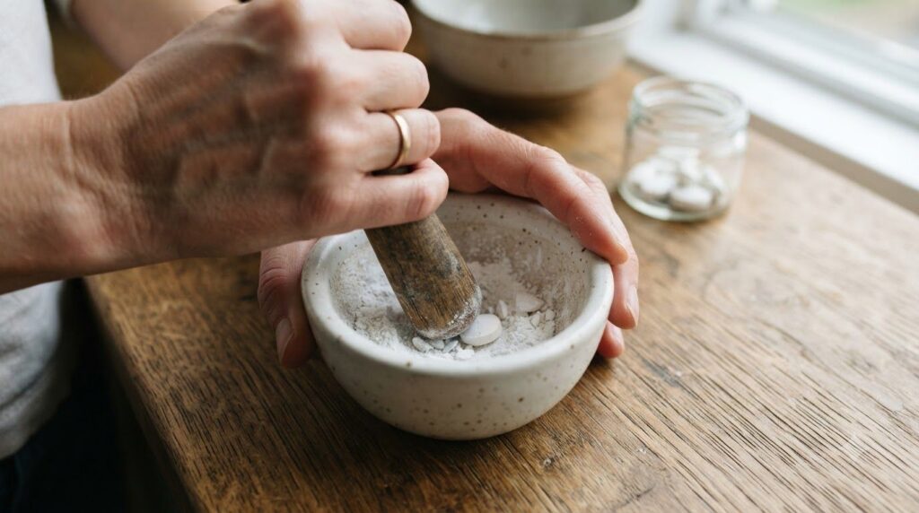 Close-up of hands crushing a small white supplement tablet into a fine powder using a mortar and pestle