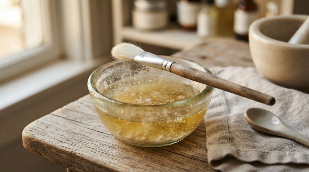 A small bowl of castor oil mixed with a crushed supplement powder with an applicator brush resting in it ready for use