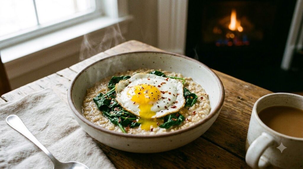A bowl of savory oatmeal topped with wilted spinach and a perfectly fried egg garnished with chili flakes and black pepp